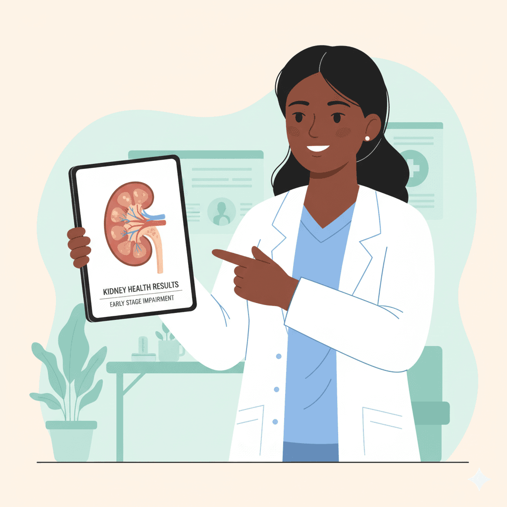 Illustration of healthy kidney with signs of damage